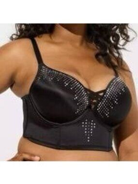 Torrid XO Plunge Push-Up Bra Diamante Rhinestone Size 48C Black Longline